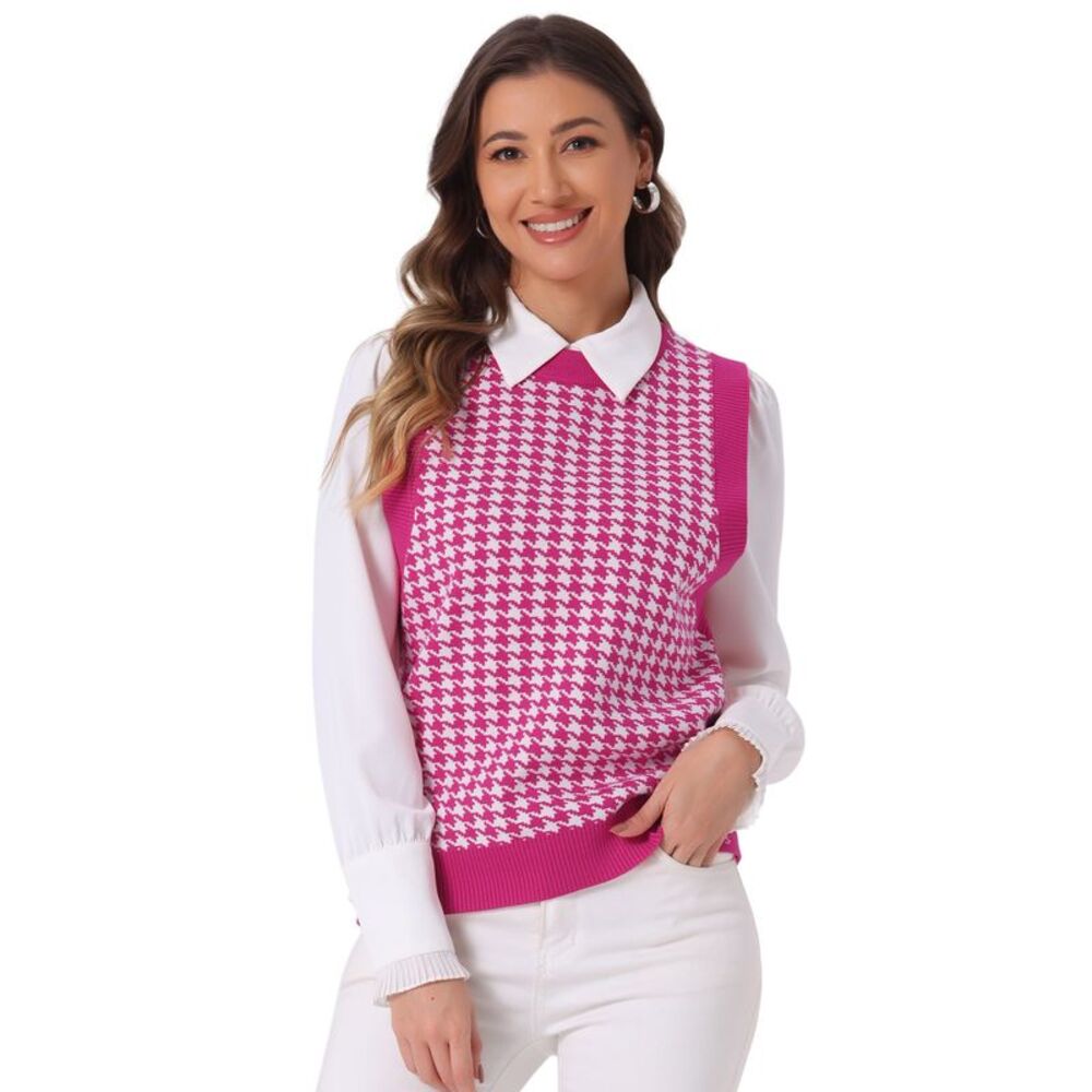 Round Neck Vest Sleeveless Houndstooth Plaid Knitted Sweater Hot Pink